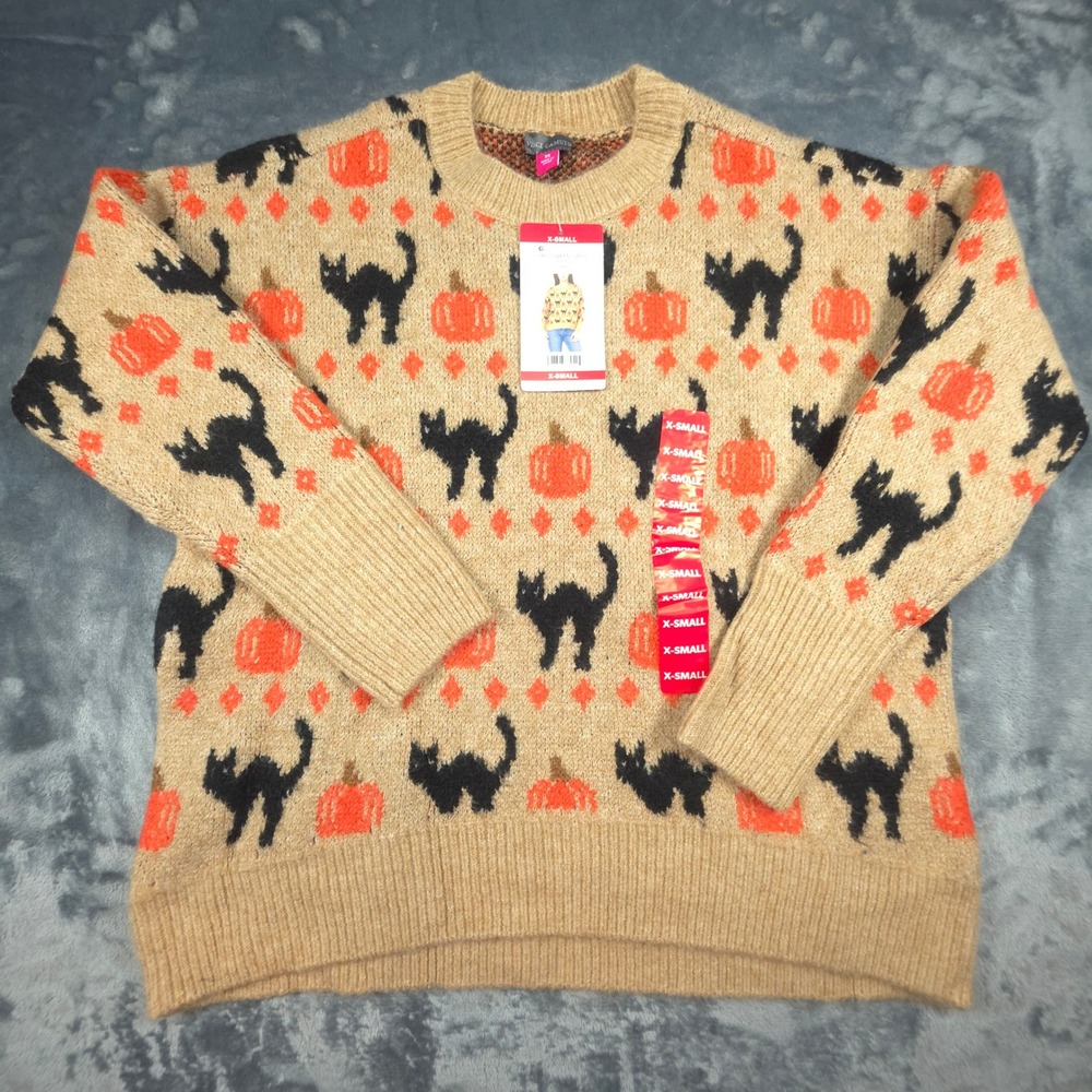 Vince Camuto Halloween Sweater Tan Black Cat Pumpkin Crew Neck SV7755201 New XS